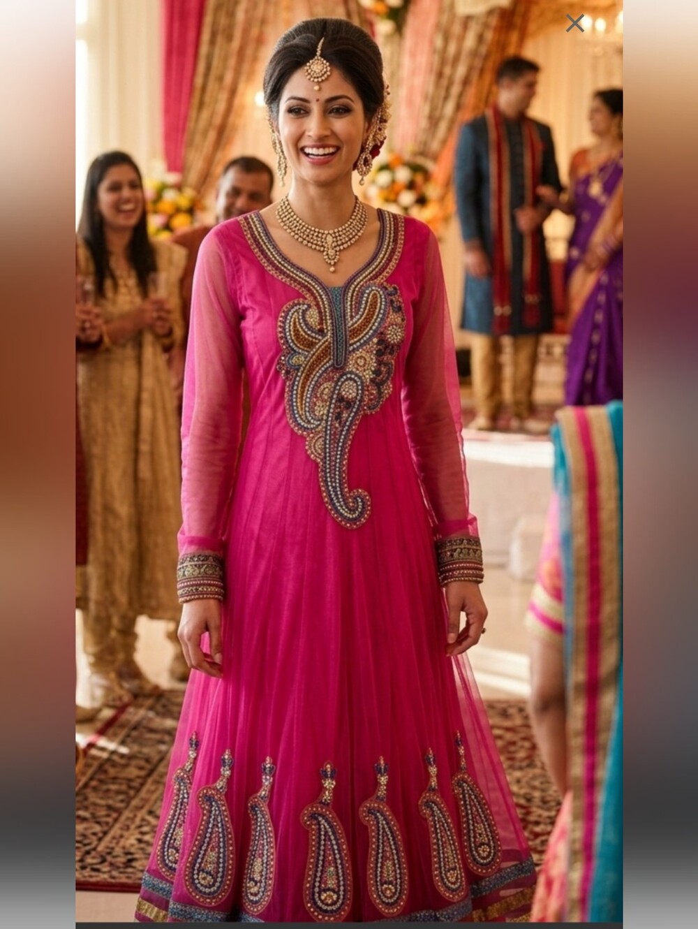 Magenta Embellished Long Sleeve Anarkali Punjabi Suit - Size L Great Condition
